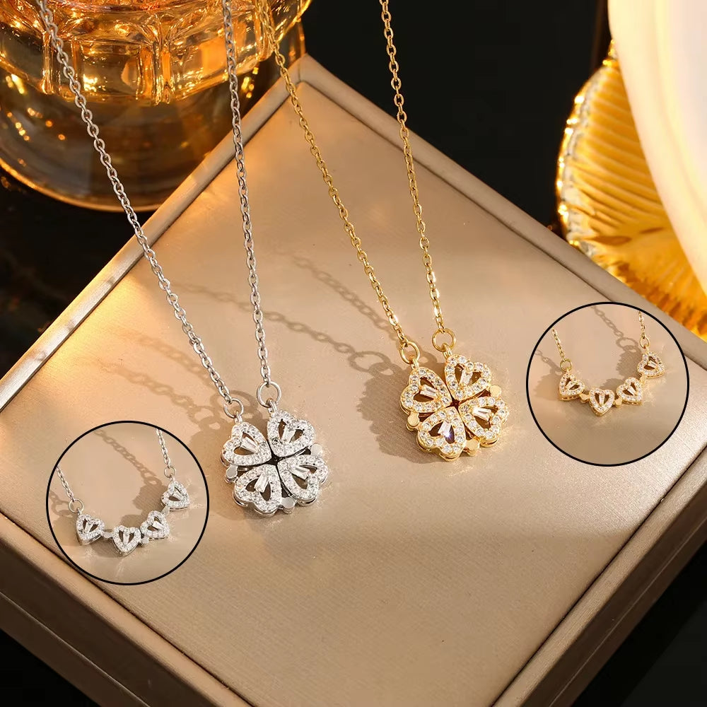 LovaCharm™ 4-in-1 Magnetic Heart & Clover Necklace – Love, Luck, and a Touch of Magic